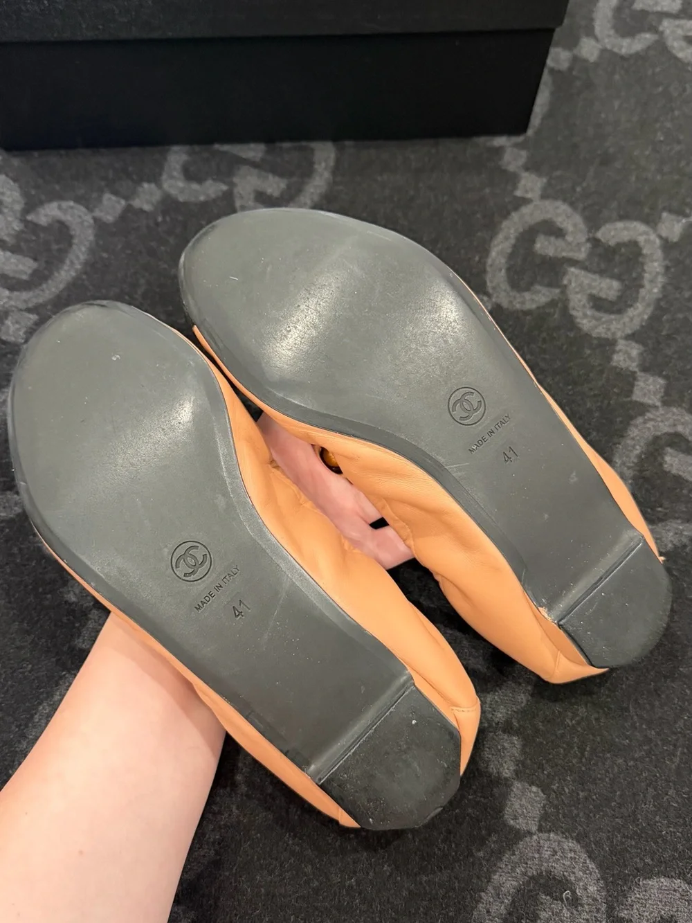 CHANEL Peach Leather Ballet Flats with CC Toe Accent